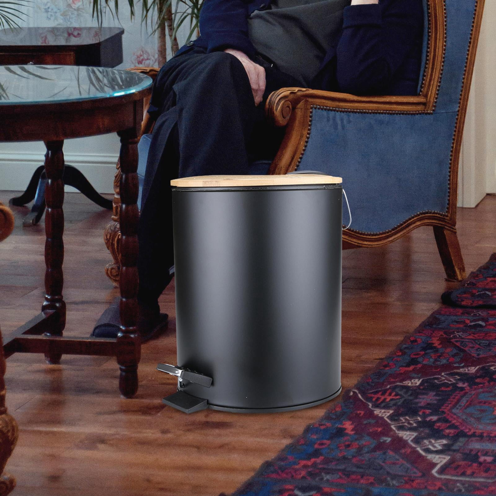 Axioma Mini Bathroom Trash Can with Bamboo Lid , Round Step Garbage Container Bin with 5L Black