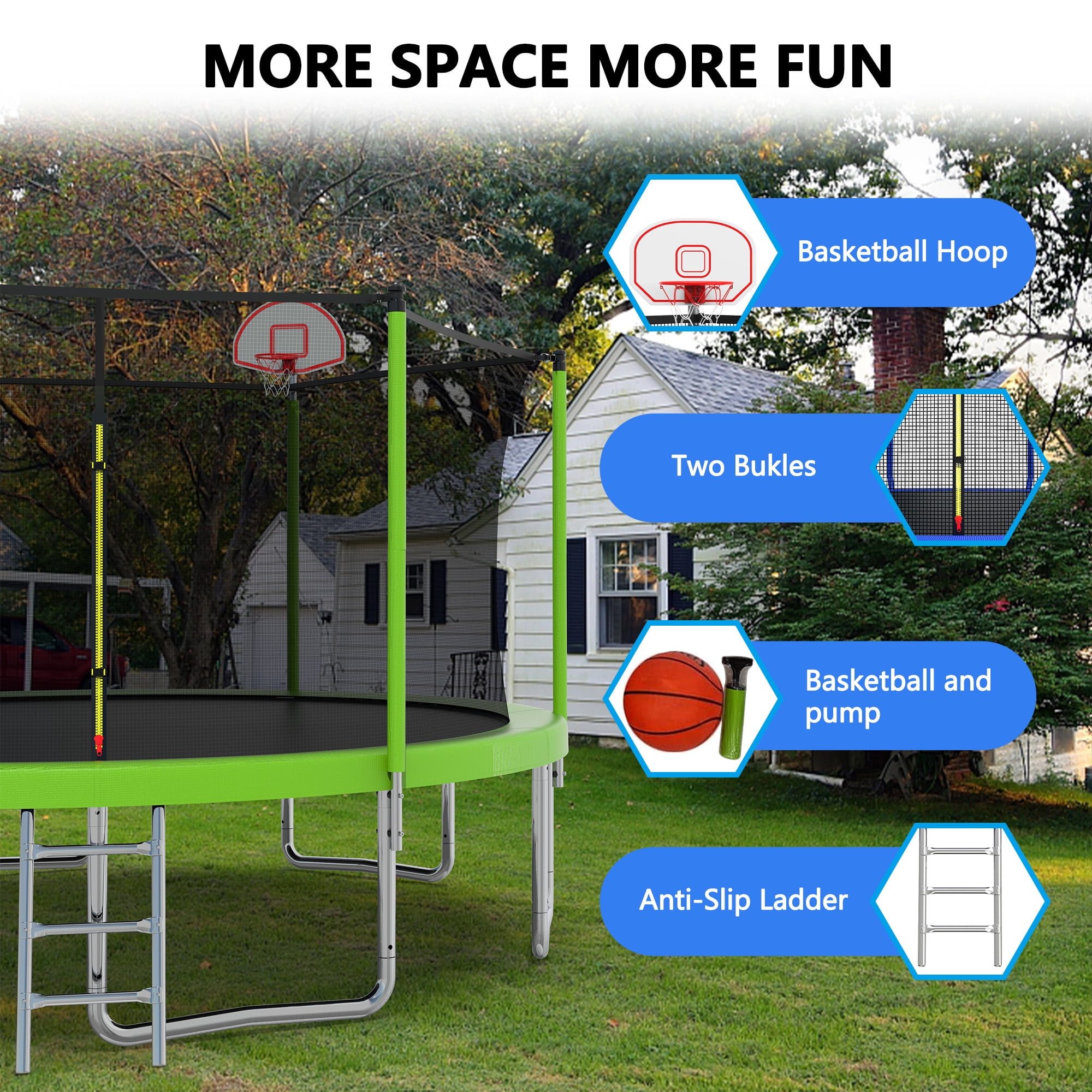 Leumius 14FT Trampoline with Basketball Hoop,Heavy-Duty Outdoor Trampoline with Enclosure Net,Upgraded Kids Recreational Trampoline for Kids and Adults,Green