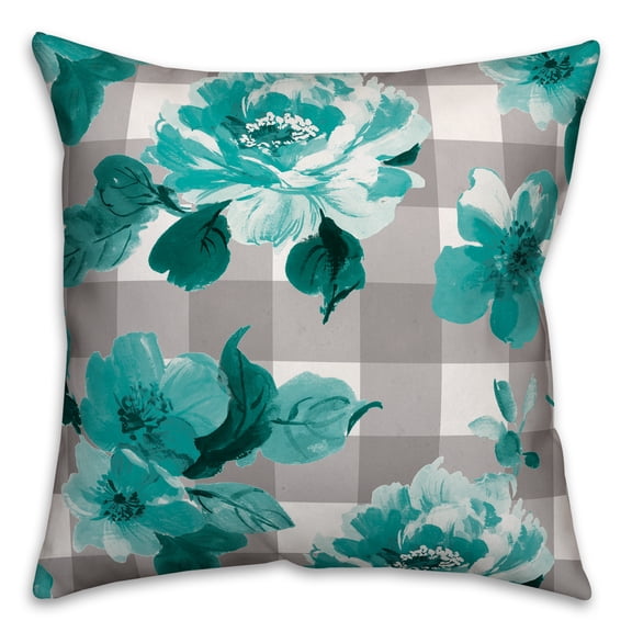Creative Products Teal Floral Buffalo Check 18x18 Indoor / Outdoor Pillow