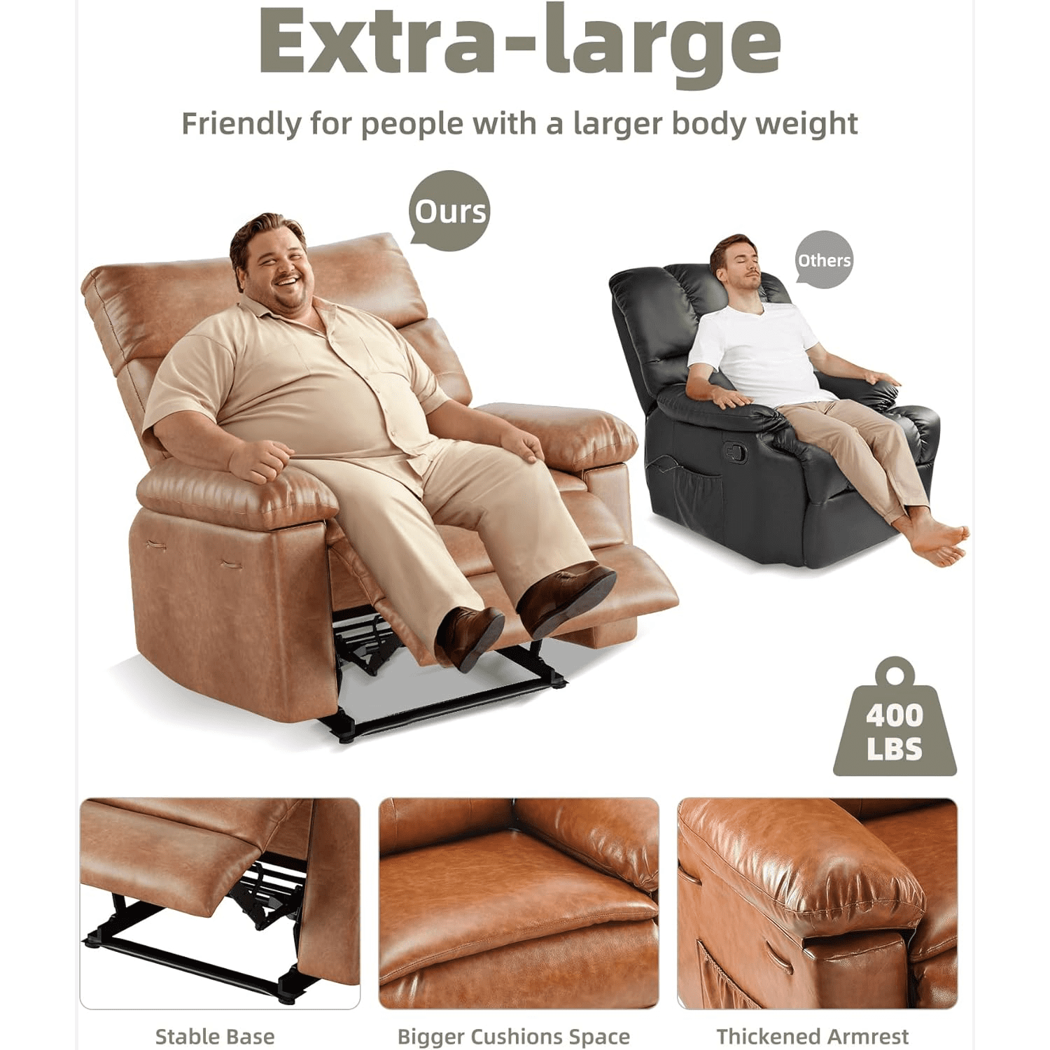 Oversized Manual Recliner Chairs for Adults, PU Leather Small Recliner Chair with 90° - 150° Adjustable Back,Lazy Boy Single Sofa Chairs for Small Space