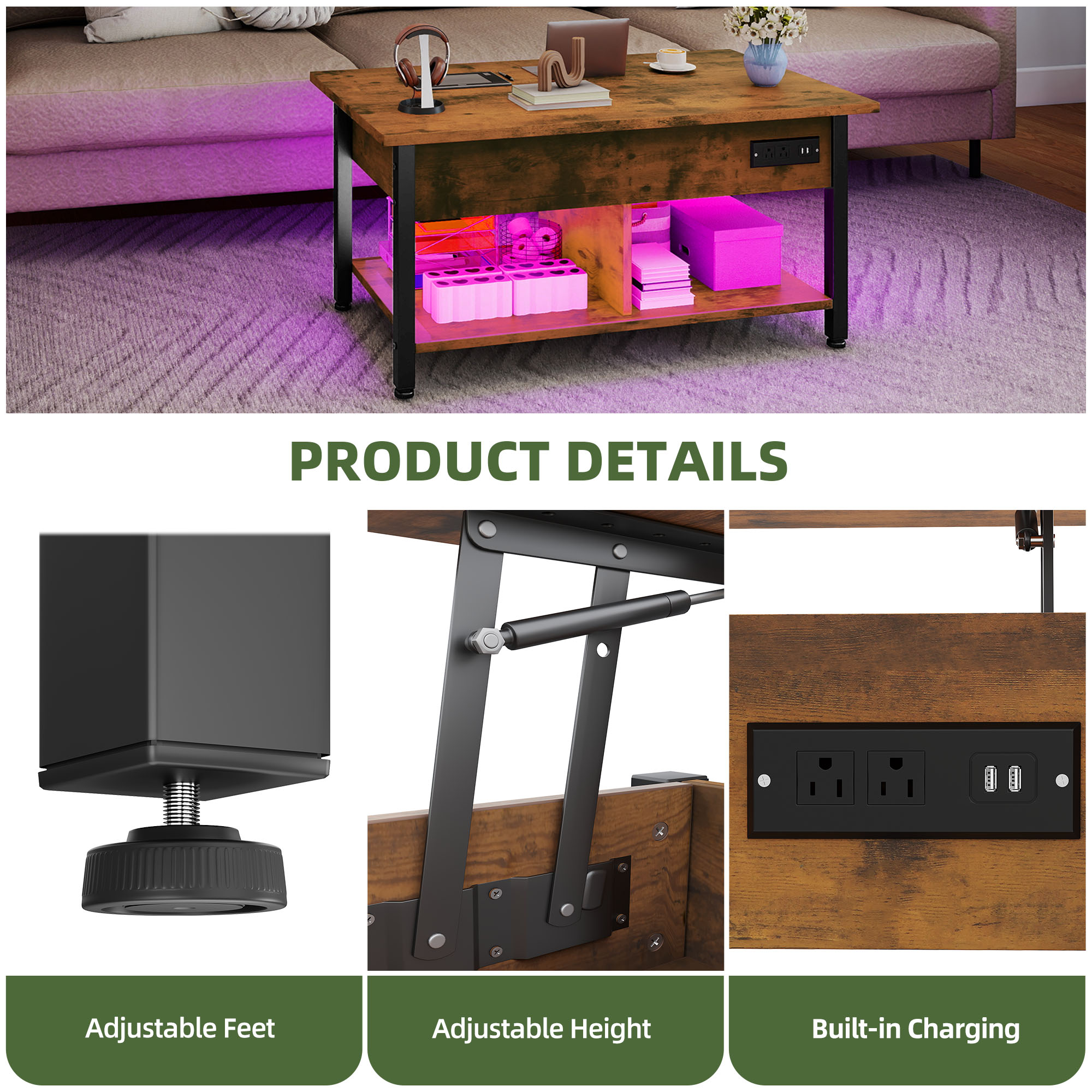 Uforic 3-in-1 Lift-Top Coffee Table with Storage, LED Lights & Power Hub for Living Room/Home Office, Brown