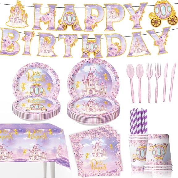 162pcs Princess Party Decorations Castle Crown Carriage Paper Plates Napkins Disposable Tableware Set Paper Cups Watercolor Floral Glitter Princess Birthday Party Supplies Serves 20 Guests