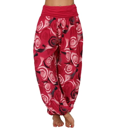 

Women s Flowy Boho Pants - Loose Yoga Harem Joggers - Casual Bohemian Hippie Palazzo Lounge Comfy Elephant Pajama CHMORA(Red S)