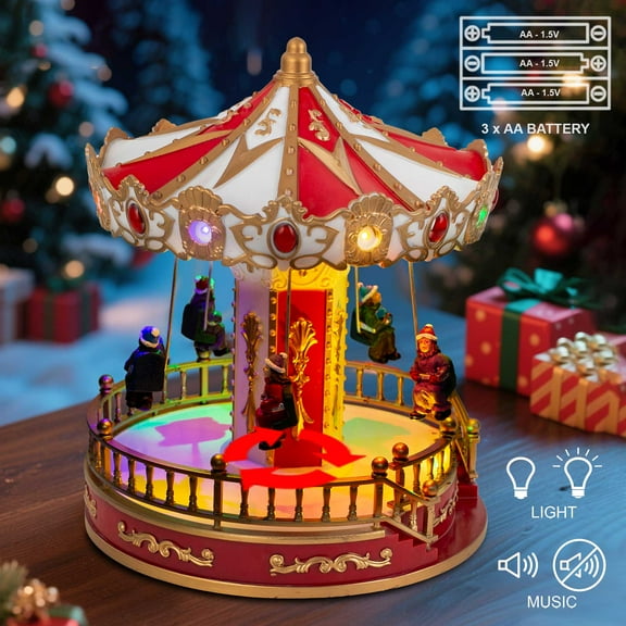 Animated Musical Christmas Carousel with Rotating kids Figurines – Lighted Battery Operated Resin Merry-Go-Round, Holiday Tabletop Decoration for Indoor Display or Christmas Village Collectible