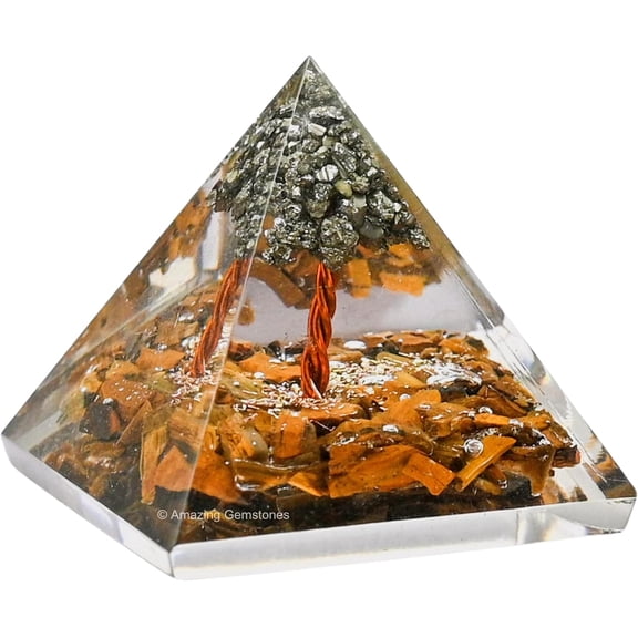 Tiger Eye with Pyrite Tree Small Orgone Pyramid 35 mm