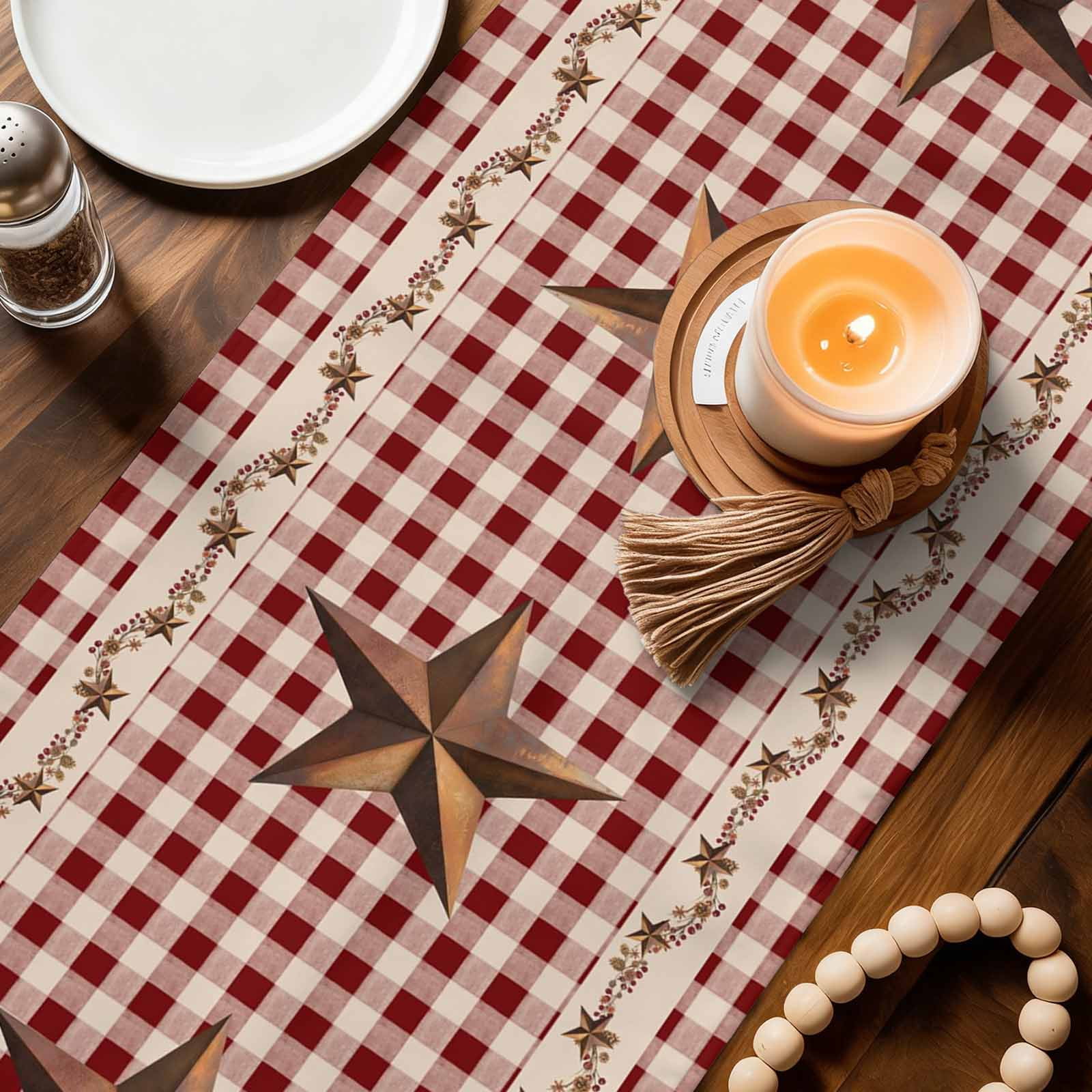 Rusty Country Stars Table Runner, Farmhouse Berries Vine Red Beige Plaid Cotton Linen Kitchen Table Decoration Washable Dining Tabletop Runners for Home Party Decor 13x108 Inches