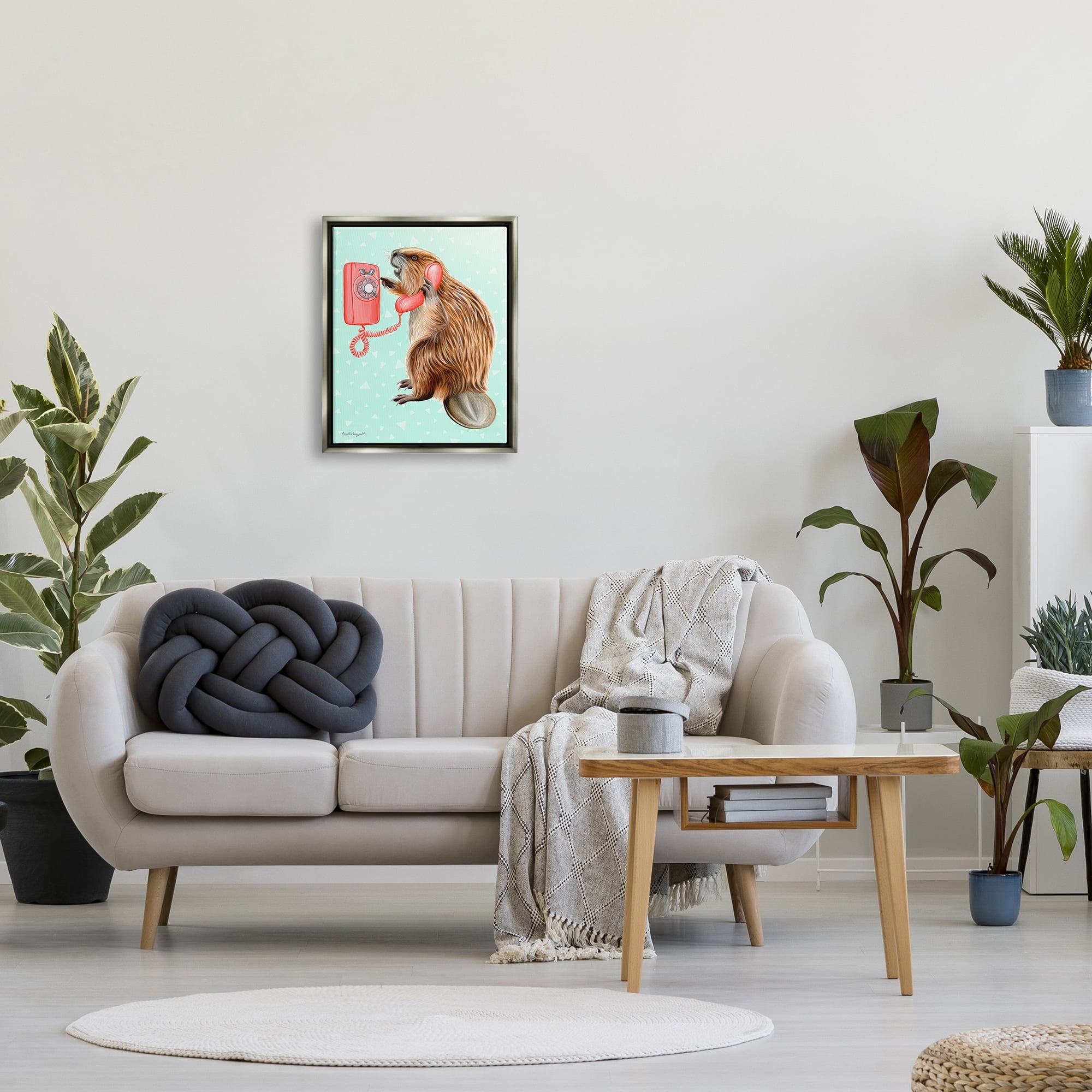 Stupell Industries Beaver Dialing Telephone Vintage Turquoise Shapes Design Graphic Art Luster Gray Floating Framed Canvas Print Wall Art, Design by Amelie Legault