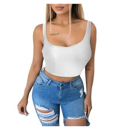

CYMMPU Women Clothing Women s Sleeveless Cami Solid Slim Fit Crop Tops Sexy Bustier Streetwear Round Neck Tank Summer Shirts Cropped Tank White