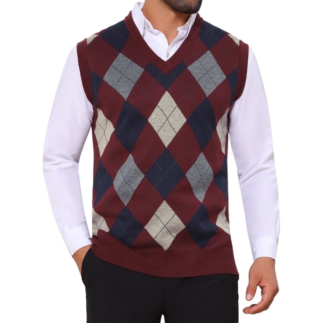 SUÉTER SIN MANGAS DE V-CUELLO DE PATRÓN ARGYLE PARA HOMBRES INSPIRADOS CHIC L BURDEOS