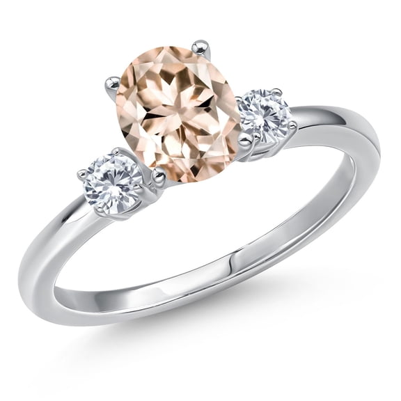 Gem Stone King 14K White Gold Peach Morganite and Moissanite Engagement Ring for Women | 1.20 Cttw | Oval 8X6MM | Gemstone October Birthstone | Size 7