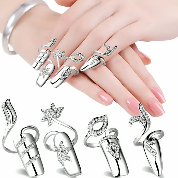 DESIGNICE 1 Set/ 4 Pcs Rhinestone Fingernail Ring Finger Tip Adjustable Opening Nail Art Charms Accessories for Women Girls, Silver