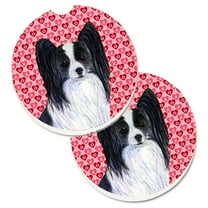 Papillon Hearts Love and Valentines Day Portrait Set of 2 Cup Holder Car Coasters