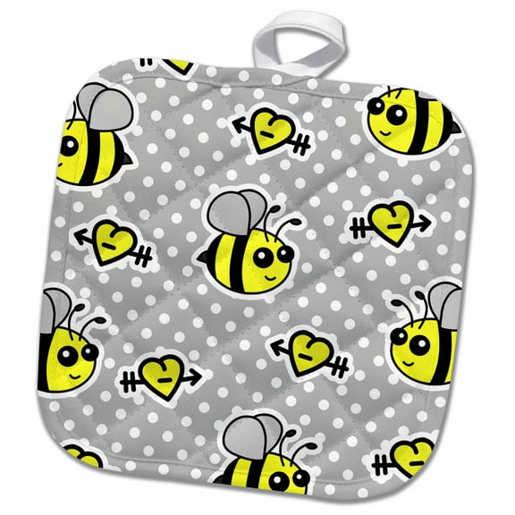 3dRose, Cute Yellow Bumble Bee Print on Grey and White Polka Dots , 8x8 Potholder