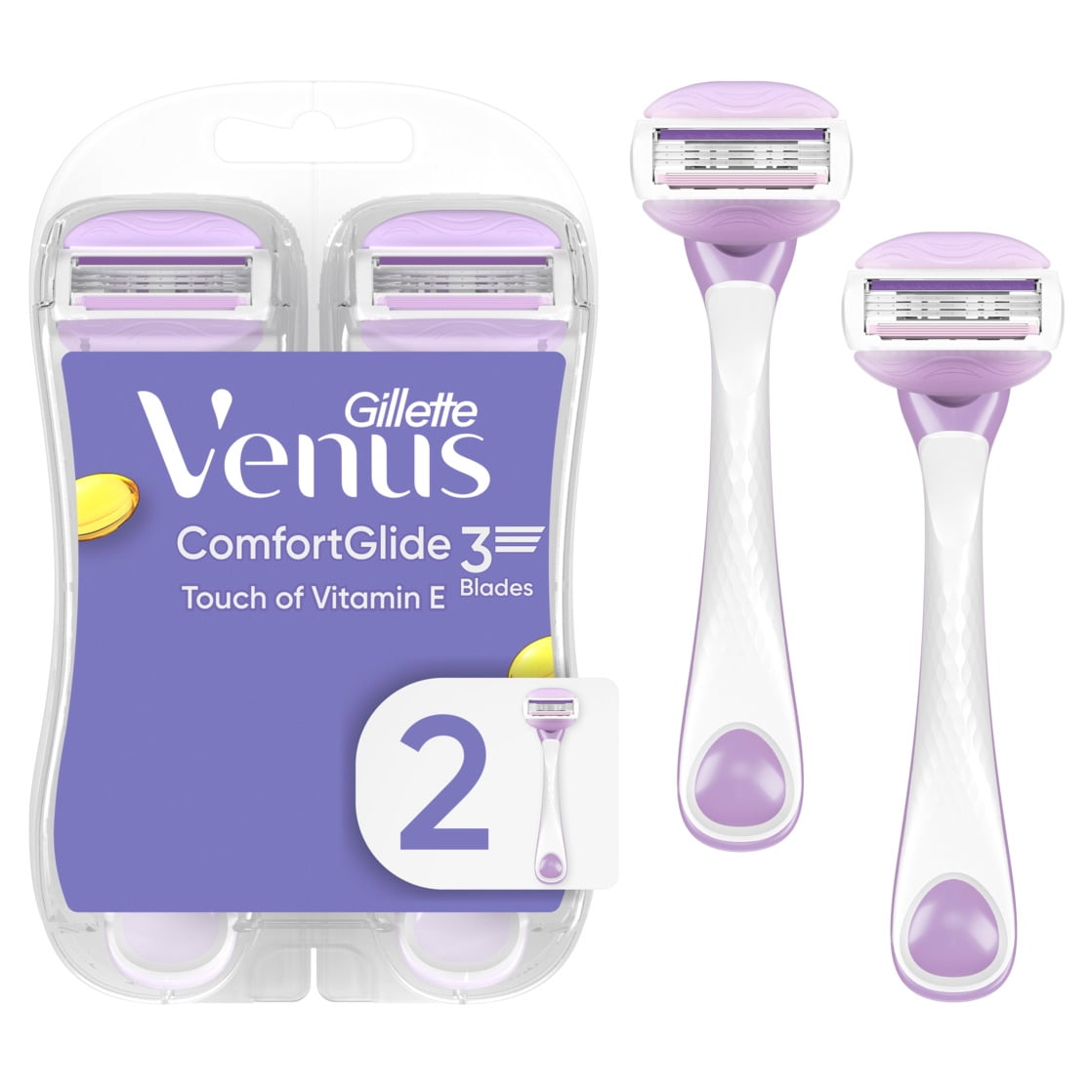 Venus ComfortGlide with aTouch of Vitamin E, Women's 3 Blade Disposable Razor, 2 Count, Purple