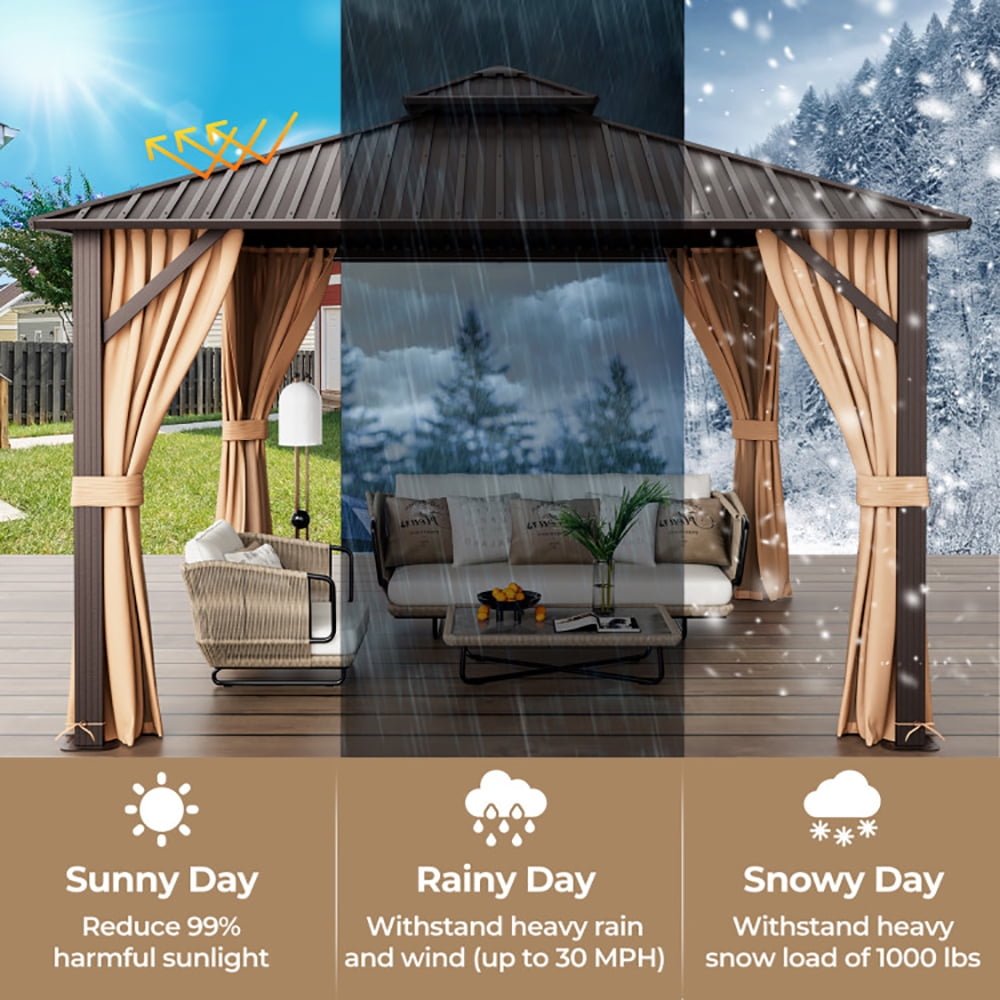 Aimee Lii 12 x 12 Feet Double-Roof Patio Hardtop Gazebo with Steel Roof Netting and Curtains, Canopy Gazebo for Party BBQ Events, Coffee
