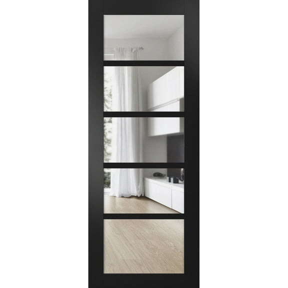 Quadro 4522 Matte Black 28-in x 80-in with Clear Glass Slab Barn Door Panel | Sturdy Finished Doors | Pocket Closet Sliding