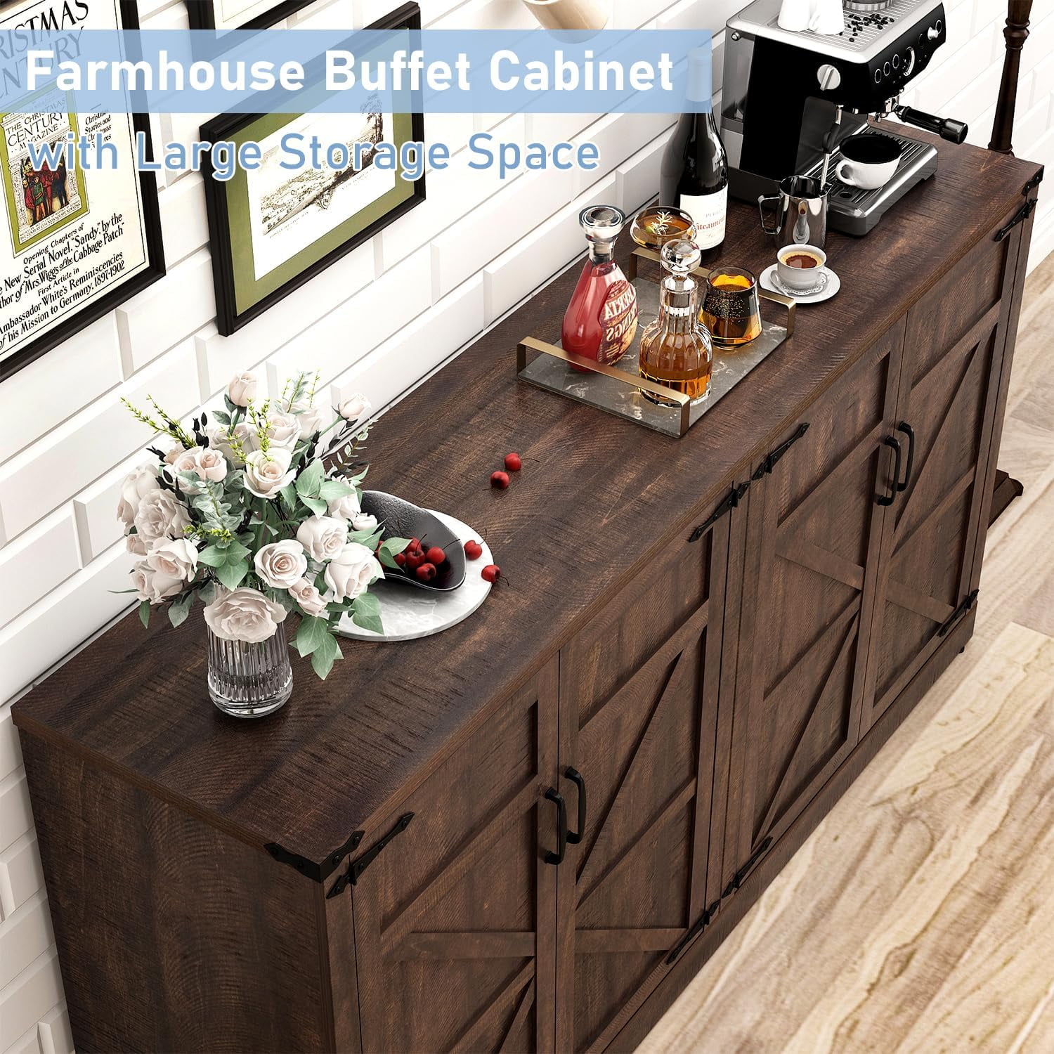 65" Large Farmhouse Buffets Cabinet w/Storage, 4 Barn Doors Coffee Bar Cabinet with Adjustable Shelves, Wood Sideboard Cabinet with Storage for Kitchen, Dining Room, Living Room, Brown