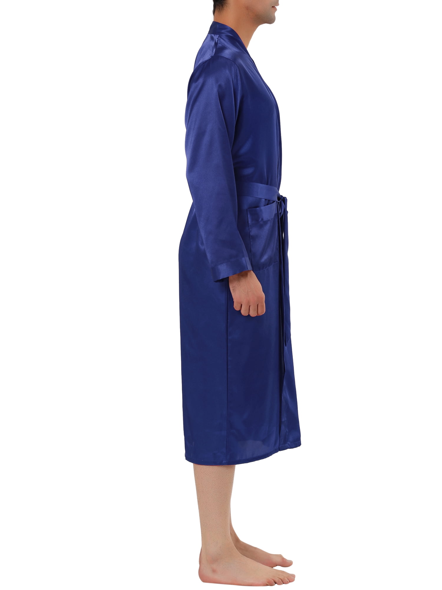 Unique Bargains Men's Satin Robe Nightdress Long Sleeves Sleepwear Pajama Bathrobe XL Blue