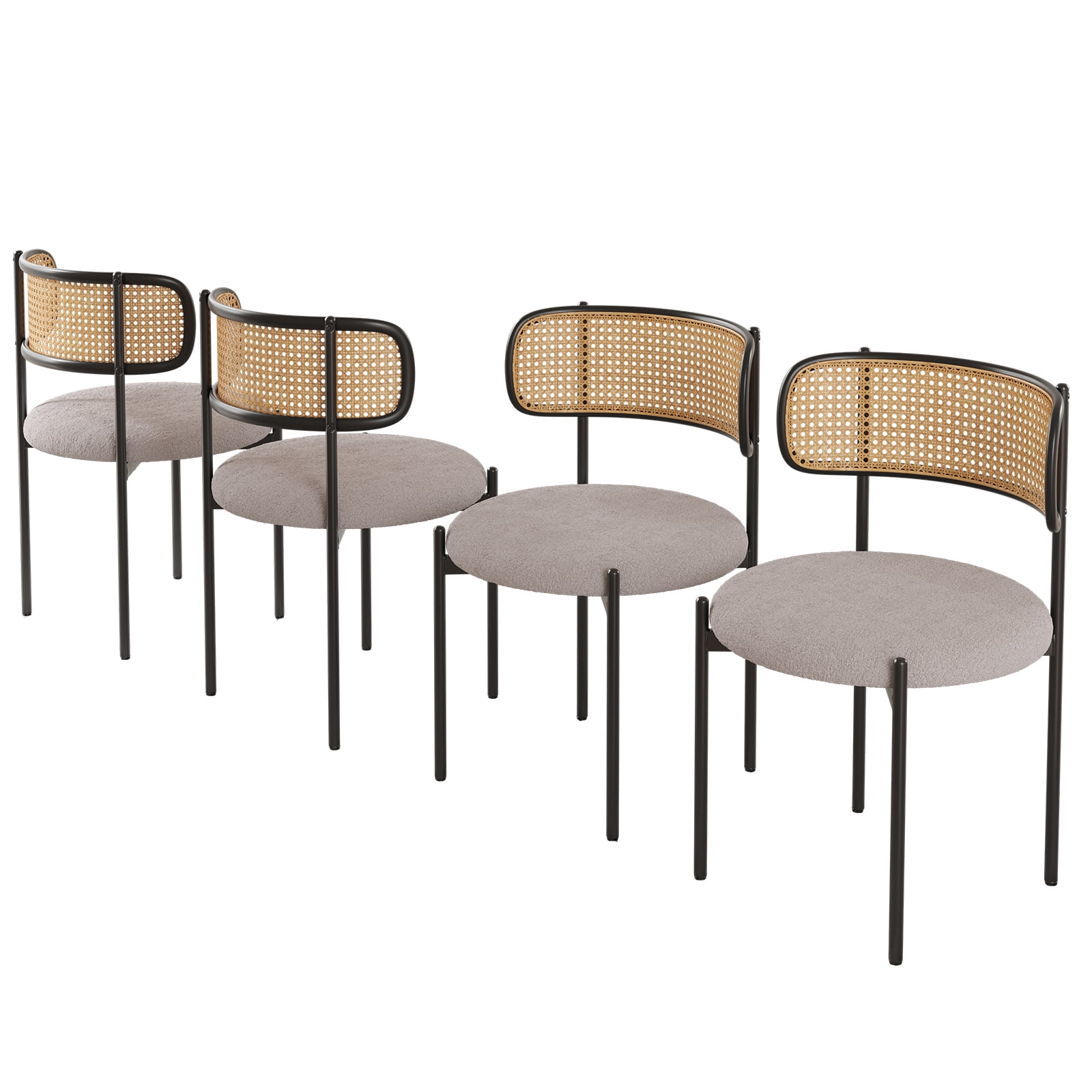 MAYEERTY 4-Pack Light Gray Modern Upholstered Dining Chairs, Rattan Back, Metal Legs, Kitchen Accent