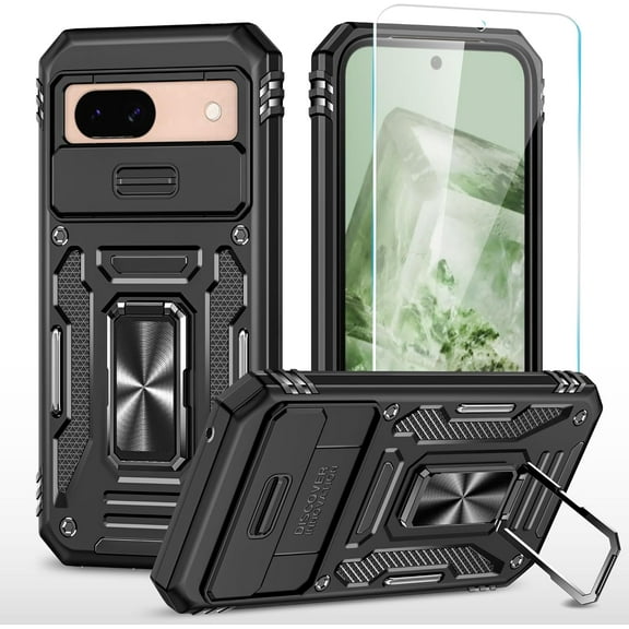 for Google Pixel 8A Case with HD Screen Protector & Slide Camera Cover & Kickstand, [Not for Pixel 7A/7 Pro Phone], Google 8A Case [Military Grade] for Google Pixel 8A (Z_Black)