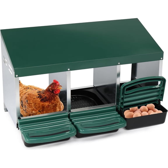 Chicken Nesting Boxes, 3 Compartments Nesting Boxes for Chickens, Galvanized steel Nesting Boxes for Hens, Easy to Assemble for Chicken Coop, Green