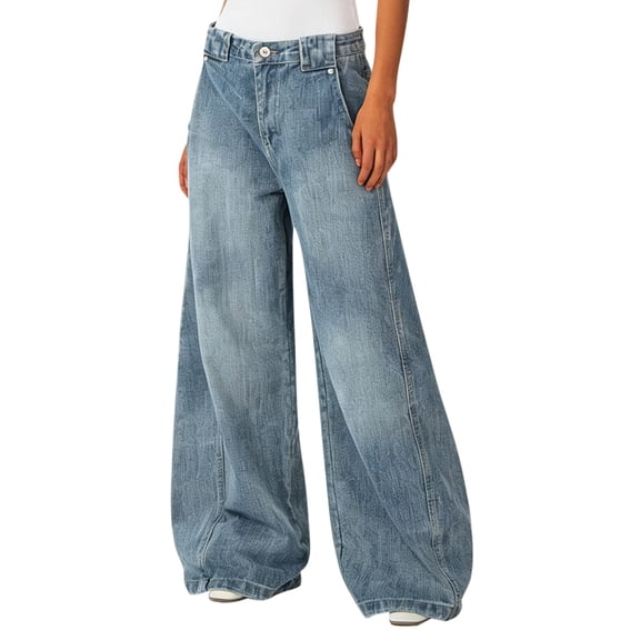 QHFBli Women Baggy Jeans Mid-Low Waist Boyfriend Streetwear Vintage Jeans Wide Leg Denim Pants