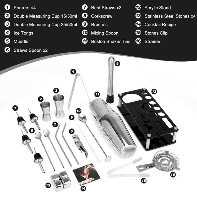Cocktail Shaker Set, Boston Stainless Steel Bartender Kit with Acrylic Stand & Cocktail Recipes Booklet