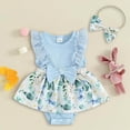thumbnail image 2 of mgoYE Baby Girl Easter Outfit Ruffles Sleeve Floral Bunny Carrot Printed Romper Dress with Headband Summer Clothes(Light Blue,6-9 Months), 2 of 7