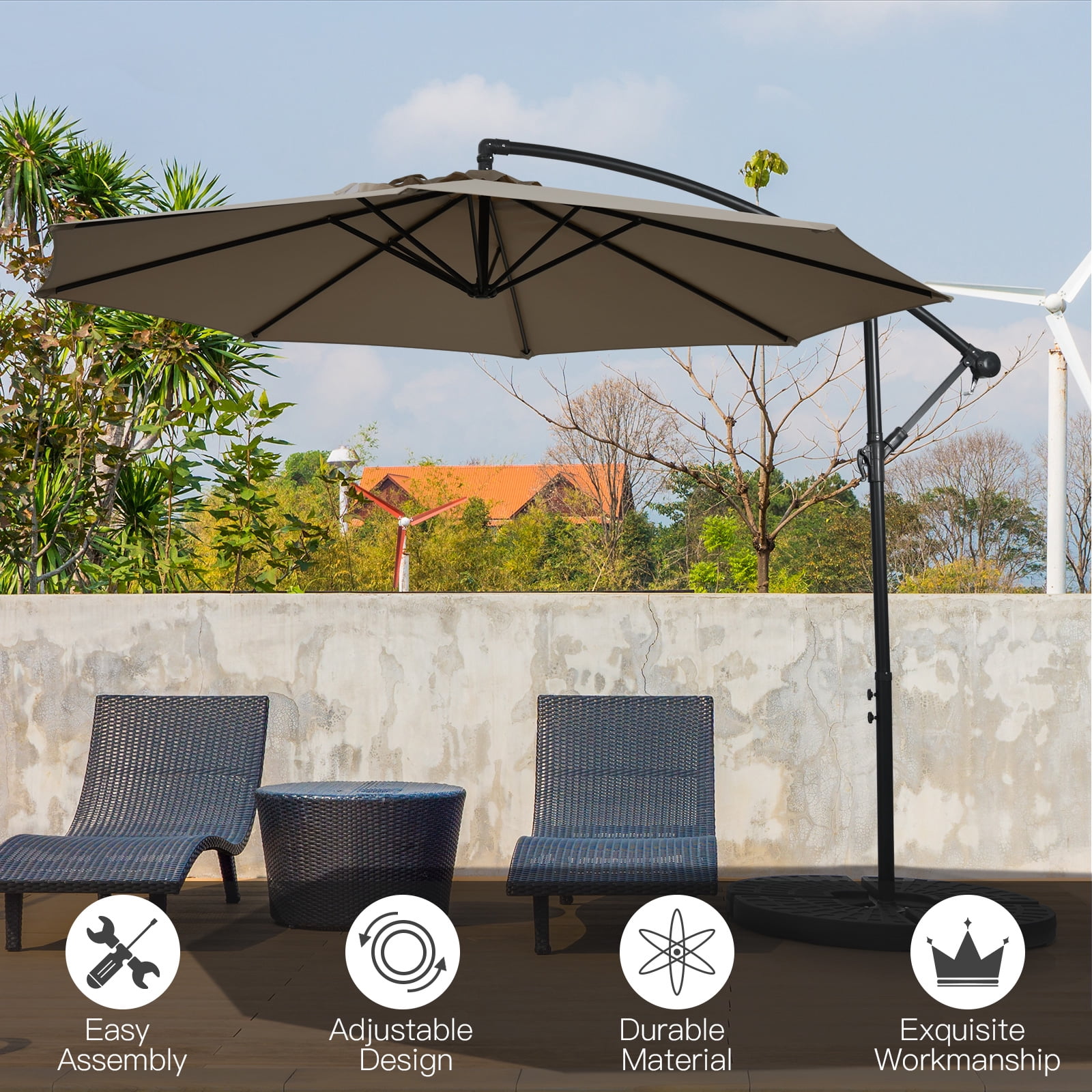 Patiojoy 10FT Patio Offset Umbrella 8 Ribs Cantilever Umbrella w/Crank for Poolside Yard Lawn Garden Coffee