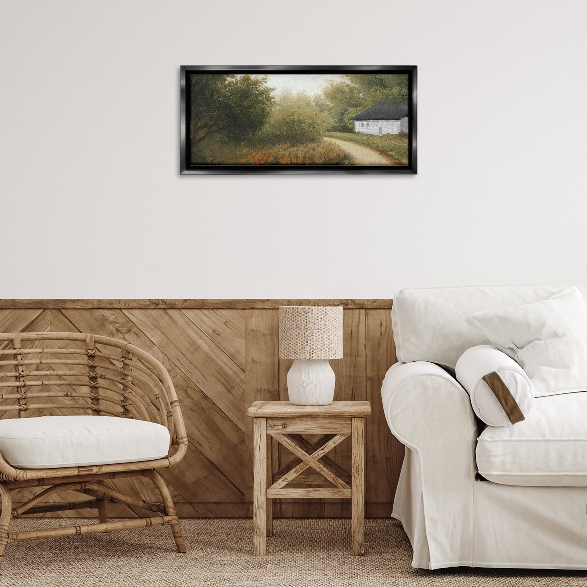 Stupell Industries Charming Country Road Landscape & Nature Painting Black Floater Framed Canvas Art Print Wall Art, 25 x 11