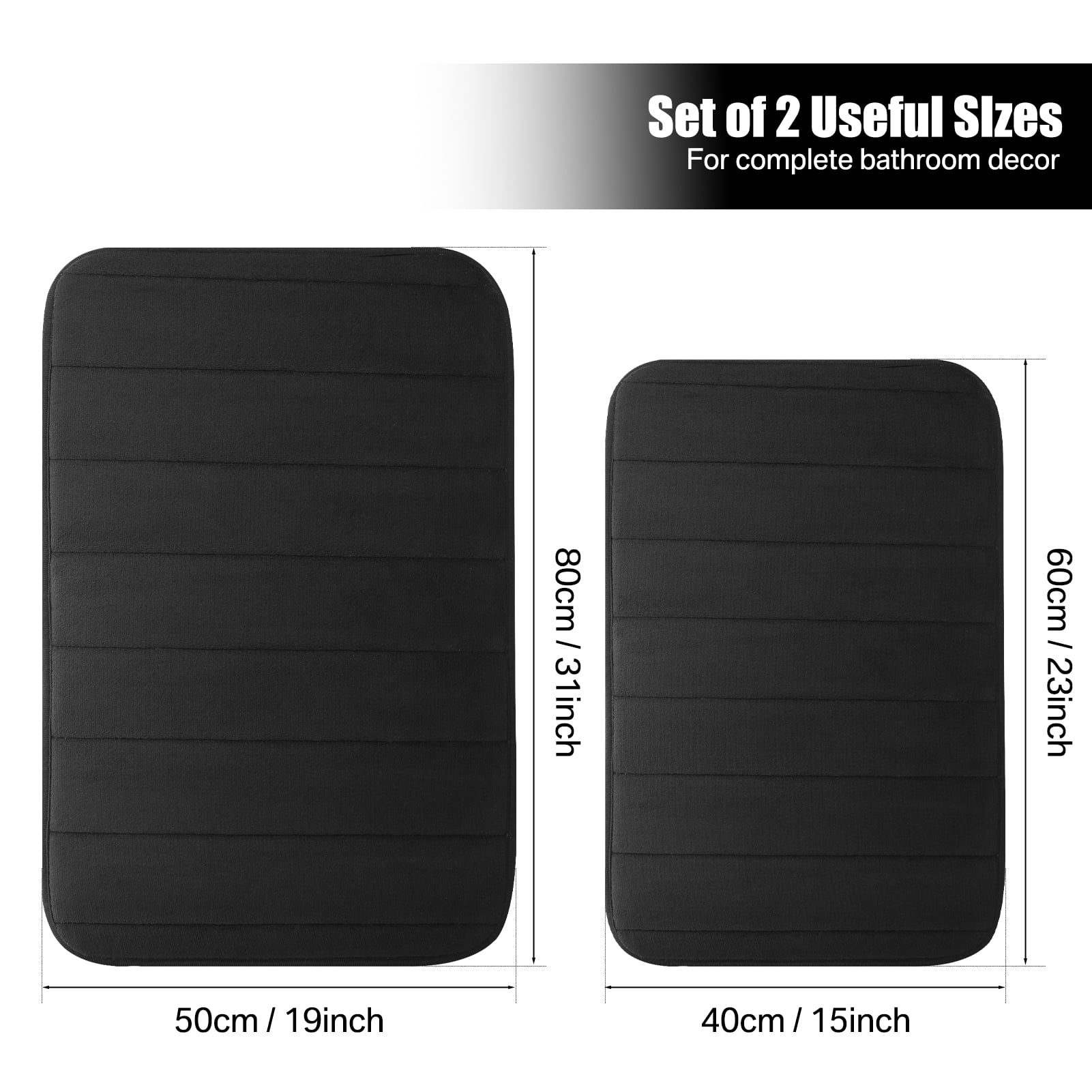 2 Piece Memory Foam Bath Mat Set Thick Bathroom Rugs Soft Bath Mats for Bathroom Extra Absorbent Floor Mats Bath Rugs Set for Kitchen/Living Room(20" x 32"/17" x 24", Black)