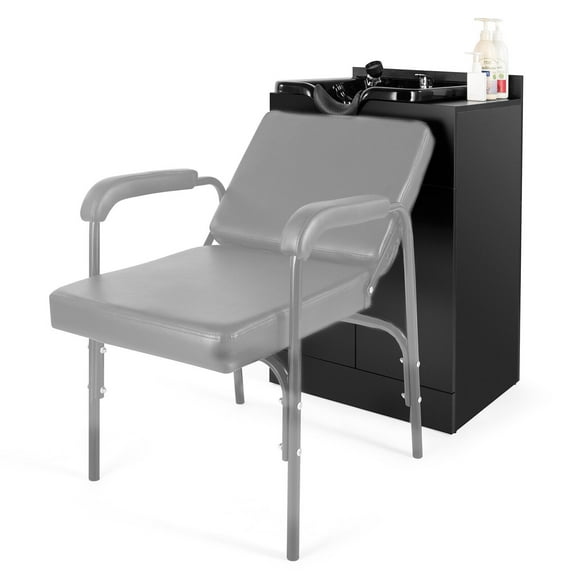 Black Backwash Sink Station Cabinet Spa Salon Equipment Used with Barber Chair Shampoo Chair with Shampoo Bowl, Storage