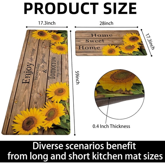 2-Piece Sunflower Kitchen Rug Set 17.3"x28" 17.3"x59" 0.4" Thick Farmhouse Anti-Fatigue Non-Skid Washable Yellow Mat