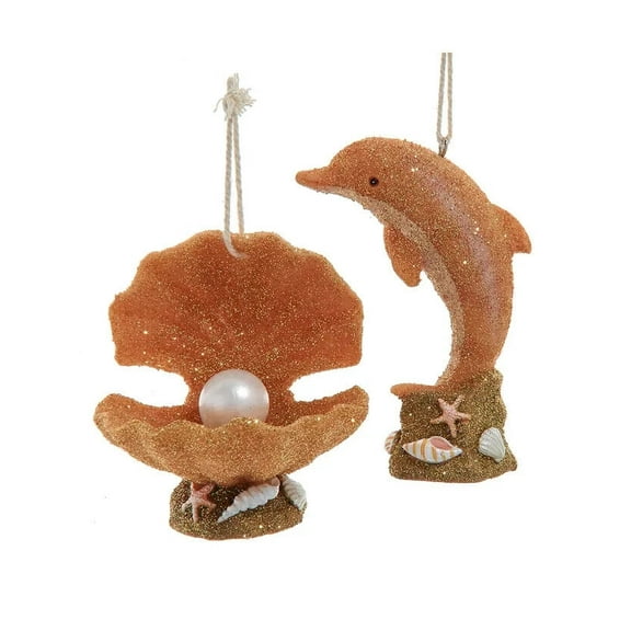 Set of 2 DOLPHIN & CLAM Sand Sculpture Beach Christmas Ornaments, by Kurt Adler