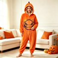 thumbnail image 5 of YUEHUA Men Women Soft Hooded Fleece Onesie, Unisex Zip Front One Piece Pajamas, Halloween Orange Pumpkin Face Graphic Casual Relax Home Loungewear, 5 of 8
