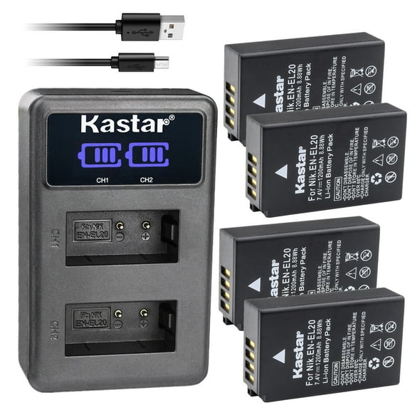 Kastar 4-Pack EN-EL20 Battery and LED2 USB Charger Compatible with Nikon Coolpix P950, Nikon Coolpix P1000, Nikon Coolpix A, Nikon 1 AW1 DSLR Camera, Blackmagic Pocket Cinema Camera