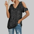 thumbnail image 2 of MIXUE Boho Tops For Women Summer Sequins Solid Color V Neck Short Sleeve Loose T-shirts Streetwear,Black,S, 2 of 5