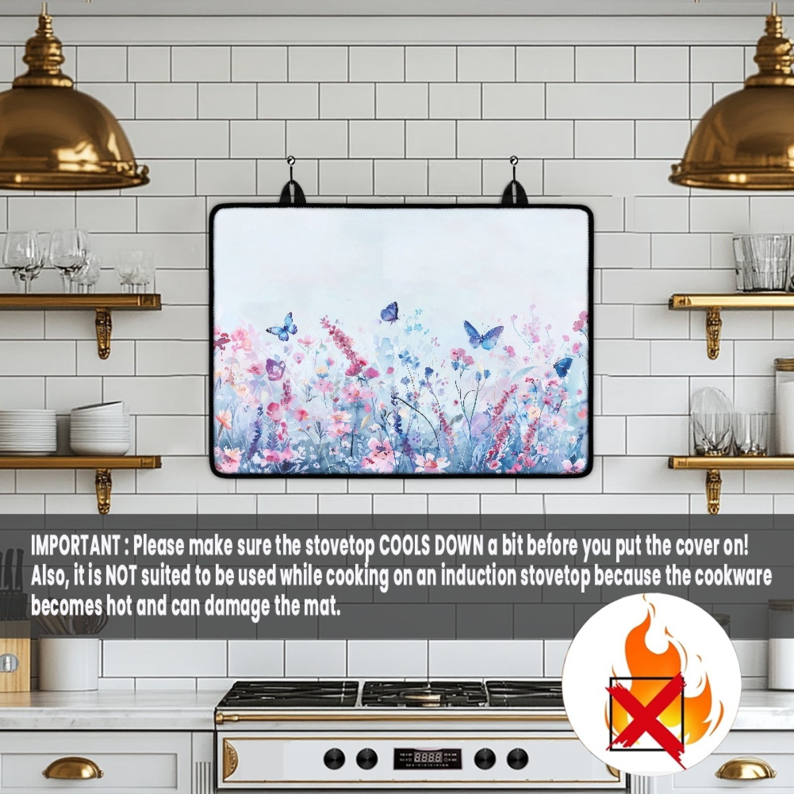 ZIATUBLE Stove Top Covers for Electric Stove Anti-Scratch Flat Induction Cooktop Cover Ceramic Glass Stove Top Protector Mat with Rubber Backing, 29 x 21 Inch, Butterfly Floral