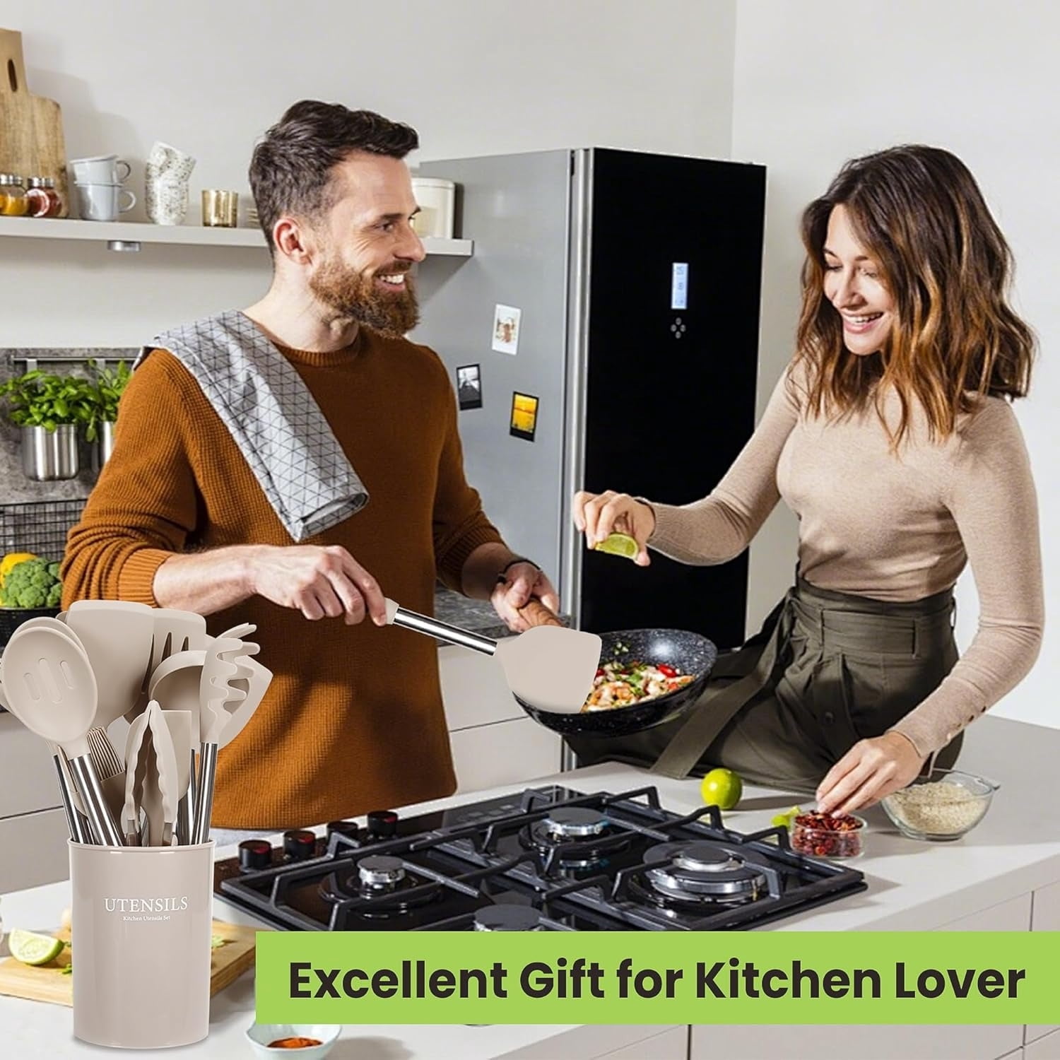 Large Cooking Utensils Set, 35 count  Kitchen Utensils Set with Holder, Stainless  Handle Spatula Set,   Grade  Kitchen Gadgets for Non- Cookware (Khaki)
