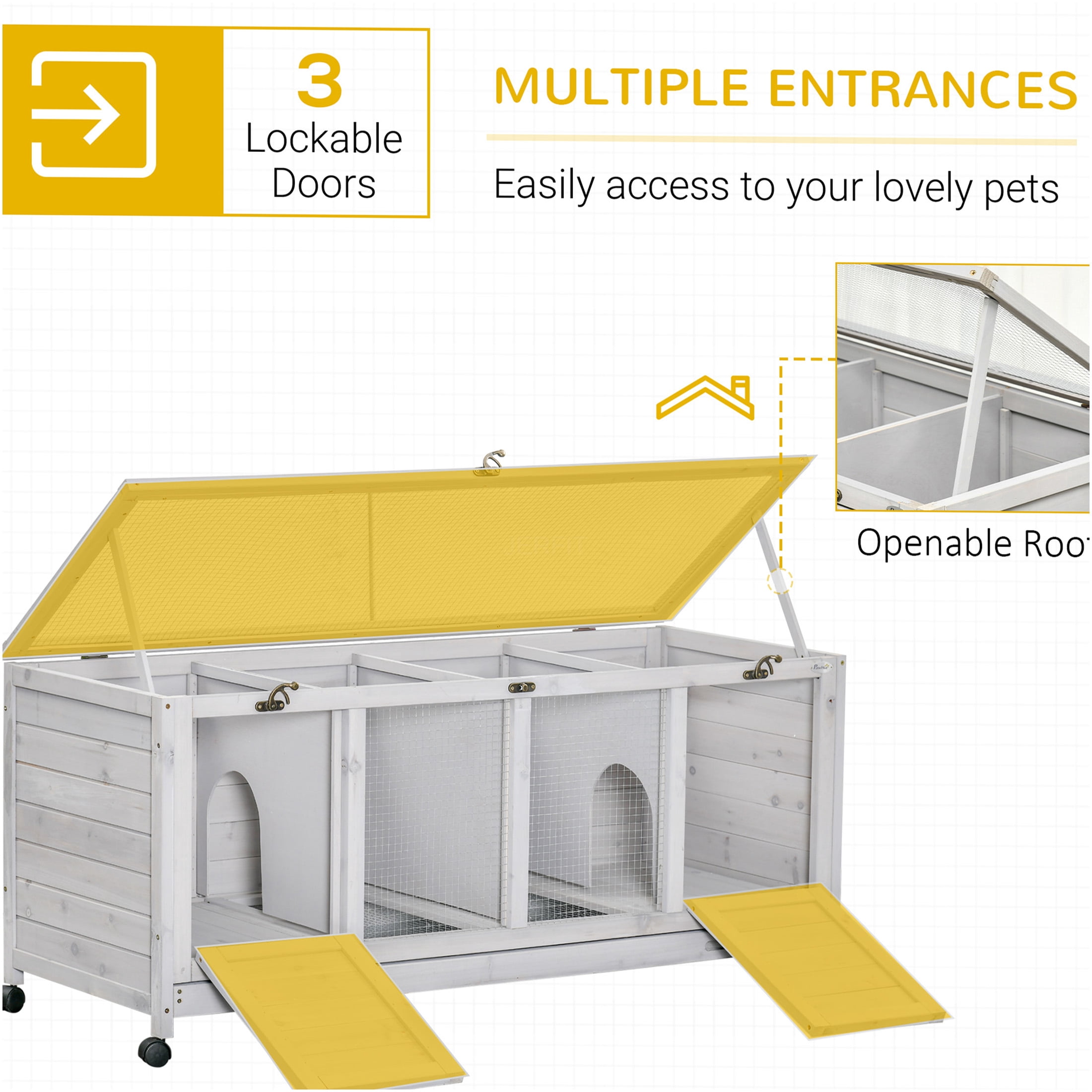 JERFIT 2-Tier Rabbit Hutch with Wheels, Gray Wooden Bunny Cage w/ Openable Roof, Divider Panel & Pull-Out Tray for Indoor/Outdoor Small Pets