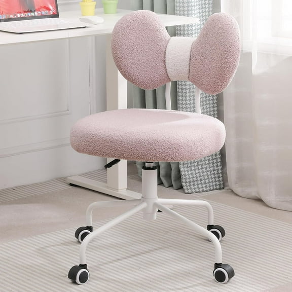 Cute Armless Desk Chair with Back,Comfortable Small Office Chair with Wheels, Adjustable Rolling Swivel Computer Chair for Home Office,Dressing Table,Vanity Chair for Girls,Teddy Velvet (Pink)