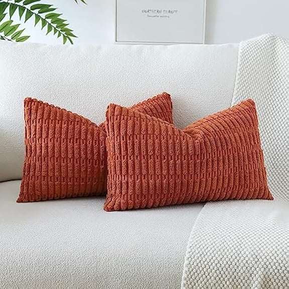 Eryueer Set of 2 Corduroy Soft Striped Cushion Covers 30x50 cm Boho Decorative Throw Pillow Covers Lumbar Cushion Case Couch Home Decor Pillowcases for Sofa Bedroom 12x20 Inch (Rust)