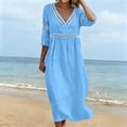 thumbnail image 5 of Ygbgbb Women V‑Neck Hollow Lace Trim Maxi Dress, Three‑Quarter Sleeve Empire‑Waist Loose Flowy Dress for Summer Beach and Resort‑Style Outfits Blue L, 5 of 7