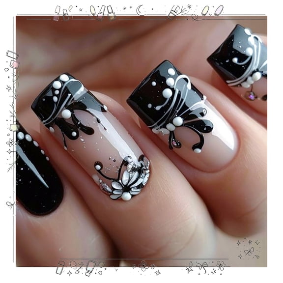 Tryvkinvive Women Black Press on Nails,Medium Square Fake Nails with Glitter Dark Flowers,Acrylic Glossy Glue on Nails,Removable Winter Xmas False Nails for Girls Holiday Daily Appointment Wear 24pcs