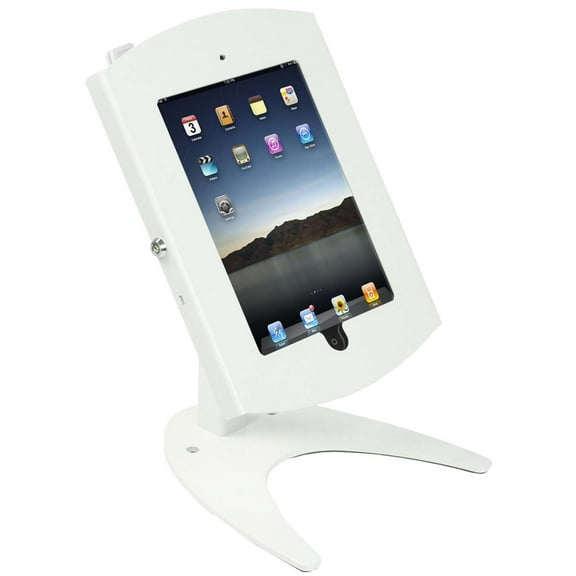 iPad Desktop Stand, Locking Enclosure, 2-4 and Air, Tablet Holder, Exposed "Home" Button, Square Credit Card Bracket (White Steel) (IPDEN135W3E)