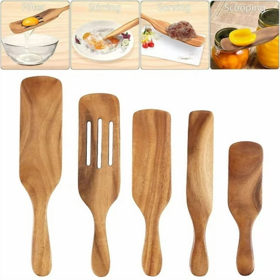 Spurtle Kitchen Cooking Utensil Teak Wood Non Stick Wooden Spatula Spoon 5 Set U