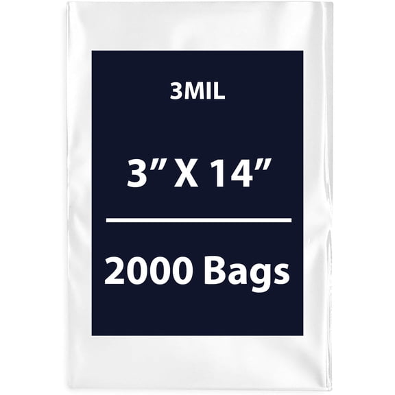 Clear Flat Poly Bags, 3Mil 3" X 14" & 2000 Bags | Low-Density Polyethylene (LDPE), Flat Open Top Plastic Packaging Packing | Flexible and Durable Plastic Bags