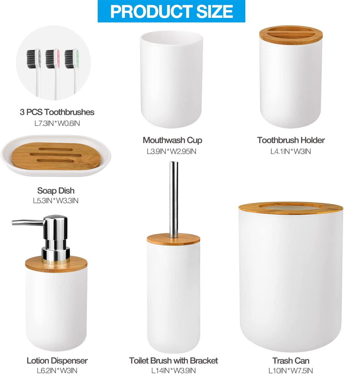 Livhil 6 Pcs Bamboo and Plastic Bathroom Accessories Sets, White