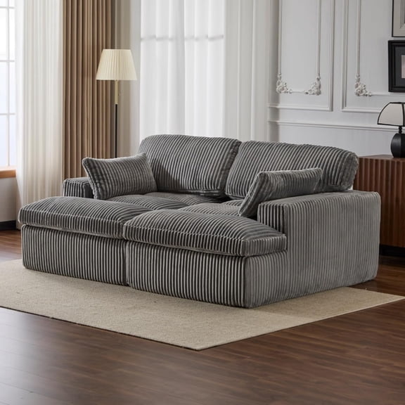 Corduroy Double Lounge Chaise Sofa Indoor, Oversized Upholstered Sleeper Cloud Couch, Sectional Deep Seat Loveseat for Living Room, No Assembly Required, Grey