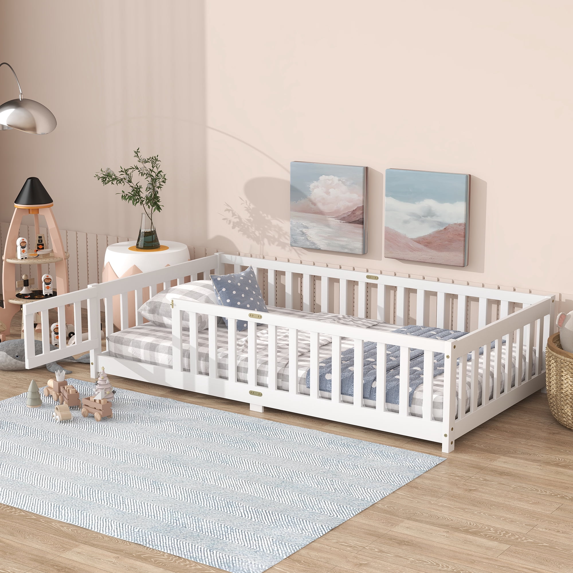 Sailvan Twin Floor Bed with Fence and Door, Solid Rubber Wood Kids Platform Bed Frame White
